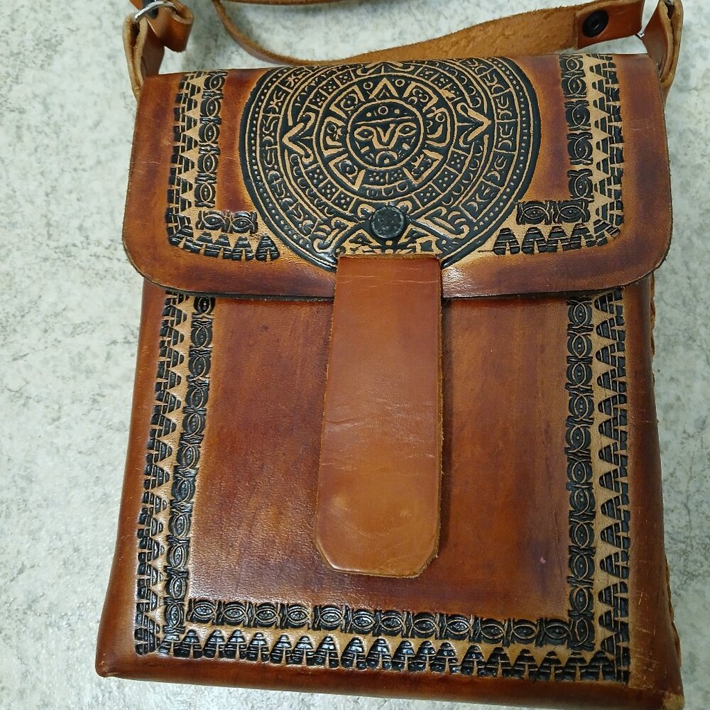 Embossed Leather Aztec Hand Made Cross Body Bag Made in Mexico
